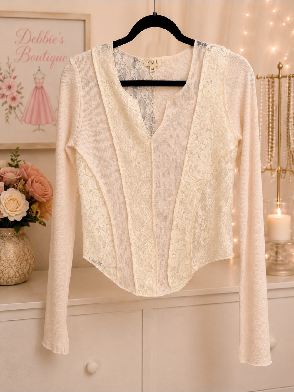 NEW POL Cream Lace Detail Thermal Knit Top | Size M | Boutique Boho Chic